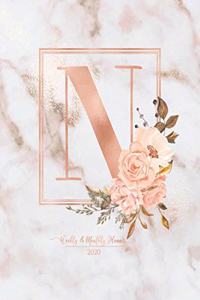 Weekly & Monthly Planner 2020 N: Pink Marble Rose Gold Monogram Letter N with Pink Flowers (7.5 x 9.25 in) Horizontal at a glance Personalized Planner for Women Moms Girls and Schoo