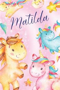 Matilda: Personalized Name Unicorn Design on Pink Star Dream Fantasy Pattern, Lined Paper Note Book For Girls To Draw, Sketch & Crayon or Color (Kids Teens A