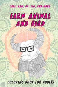 Farm Animal and Bird - Coloring Book for adults - Calf, Ram, Ox, Pig, and more