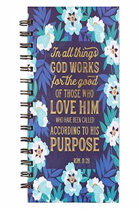 Christian Art Gifts Journal W/Scripture in All Things Romans 8:28 Bible Verse Blue Floral 192 Ruled Pages, Large Hardcover Notebook, Wire Bound