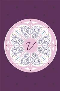 V: Initial V Monogram Notebook Journal Gift Circular Unicorn design