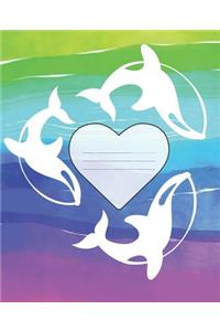 White Whales & Watercolor Water Waves Cute Composition Blank Line School Notebook