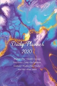 Daily Planner 2020 Schedule a Day. Monthly Calendar. Daily Goals. Tasks. For Tomorrow. Gratitude. Weather / Mood Tracker. Meal Plan. Water Intake.