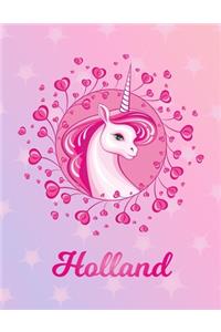 Holland: Holland Magical Unicorn Horse Large Blank Pre-K Primary Draw & Write Storybook Paper - Personalized Letter H Initial Custom First Name Cover - Story