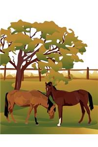 Horse Illustration School Composition Book Equine Horses Fenced Pasture
