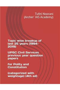 Topic wise breakup of last 25 years (1994-2019) UPSC Civil Services previous year question papers for Polity and Constitution (categorized with weightage) (4th ed)