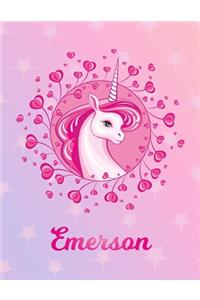 Emerson: Unicorn Large Blank Primary Sketchbook Paper - Pink Purple Magical Horse Personalized Letter E Initial Custom First Name Cover - Drawing Sketch Book