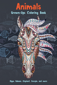 Animals - Grown-Ups Coloring Book - Hippo, Baboon, Elephant, Scorpio, and more