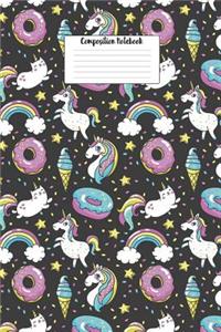 Composition Notebook: Yummy Frosted Donuts, Unicorns and Rainbows Flying Through Space 6 X 9 College Ruled Paper Notebook, Appreciation Gift, Quote Journal or Diary - Unique Unicorn Rainbow Donuts Inspirational Gift for Friend or Family