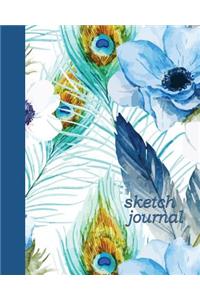 Sketch Journal: Feathers and Flowers 8x10 - Pages Are Lightly Lined with Extra Wide Right Margins for Sketching, Drawing, and Writing