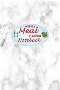 Weekly Meal Planner Notebook: 52 Weeks of Food Menu Planning with Grocery Shopping List, Recipe pages Size 6x9 in - White Marble Print