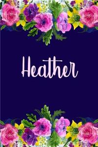 Heather: Personalized Name Pink Floral Design Matte Soft Cover Notebook Journal to Write In. 120 Blank Lined Pages