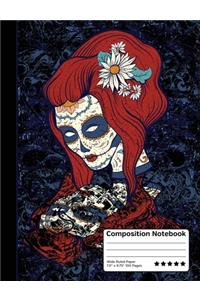 Red Hair Woman Sugar Skull Mexican Day of the Dead Dia de los Muertos Composition Notebook