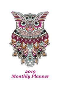 2019 Monthly Planner: Owl Cover - Includes Major U.S. Holidays and Sporting Events