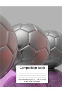 Composition Book 100 Sheets/200 Pages/7.44 X 9.69 In. College Ruled/ Silver Soccer Balls