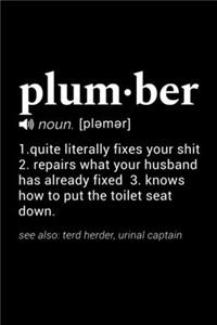 Plumber (noun. [plemer]) 1. quite literally fixes your shit 2. repairs what your husband has already fixed. 3. knows how to put the toilet seat down. (see also