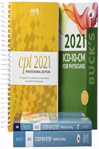 2021 Step by Step Medical Coding Textbook, 2021 Workbook for Step by Step Medical Coding Textbook, Buck's 2021 ICD-10-CM Physician Edition, 2021 HCPCS Professional Edition, AMA 2021 CPT Professional Edition Package