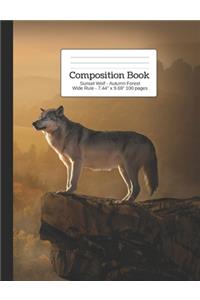Composition Book Sunset Wolf - Autumn Forest Wide Rule