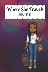 Where She Travels - (6x9 lined journal blurry lights cover)