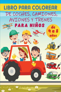 Libro para colorear de coches, camiones, aviones y trenes para niños de 4 a 8 años