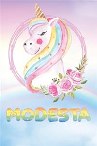 Modesta: Modesta's Unicorn Personal Custom Named Diary Planner Perpetual Calendar Notebook Journal 6x9 Personalized Customized Gift For Someone Who's Surname