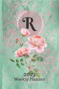 Letter R Personalized 2019 Plan on It Weekly Planner: Monogrammed 14 Month Calendar Planner in Green and Pink Damask Lace with Roses on Glossy Cover