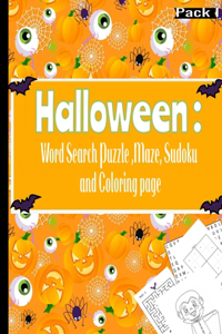 Halloween- Word Search Puzzle, Maze, Sudoku and Coloring Page