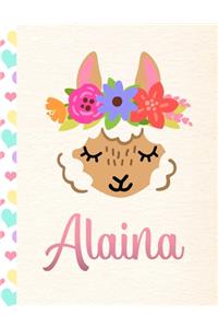 Alaina: Personalized Llama Journal For Girls - 8.5x11 110 Pages Notebook/Diary With Pink Name