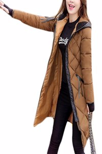 Big Tang Womens Polyester Winter Thumb Hole Overcoat Quilted Hood Long Parka Coat Coffee, Small