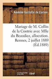 Mariage de M. Paul Collin de la Contrie Avec Mlle Ernestine Du Beaudiez, Allocution