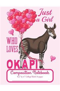 Just A Girl Who Loves Okapi Composition Notebook 8.5" by 11" College Ruled 70 pages: Adorable African Okapi And 8.5 x 11 Lined Workbook Letter Size With White Paper