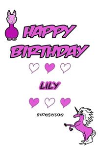 Happy Birthday Lily, Awesome with Unicorn and llama