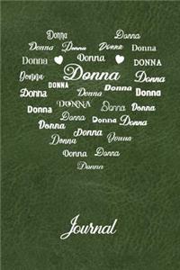 Personalized Journal - Donna: Name in Many Different Fonts in Heart Shape on Olive Green Leather Look Background