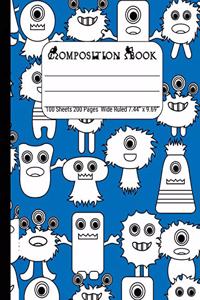 Composition Book Wide Rule: Journal Notebook for School Home or Work, White Monsters on Blue