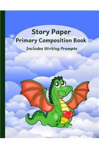 Primary Composition Book: Story Paper Notebook with Writing Prompts for K-3 (Space on Top for Drawing & Dotted Midlines Below, 8.5x11 Inches, 58 Pages, Flying Green Dragon Design)