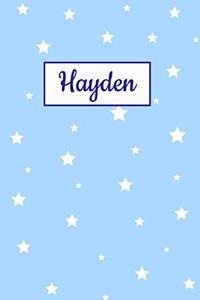 Hayden: Personalized Name Journal. Wide Ruled (Lined) Writing Diary, Composition Book. Baby Blue Star Cover for Girls, Kids and Teens