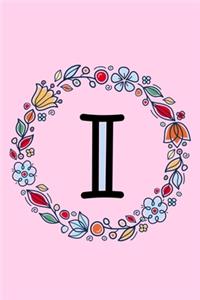 I: Letter I Monogrammed Initial Notebook - Pink, Blue & Red Floral Doodle Wreath Monogram Blank Lined Note Book, Writing Pad, Journal or Diary with Lin