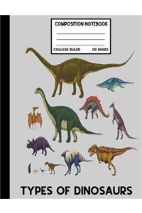 Composition Notebook College Rulled 110 pages Types Of Dinosaurs