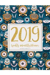 2019 Monthly Planner 8.5 x 11: Daily Weekly Monthly Calendar Planner - For Academic Agenda Schedule Organizer Logbook and Journal Notebook Planners With To To List - Floral Blue