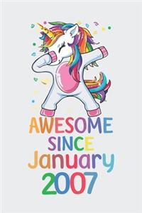 Awesome Since January 2007 Notebook Unicorn Dabbing, Birthday Unicorn, Cute Happy Birthday Dabbing Unicorn Birthday Gift