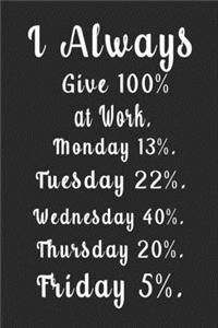 I Always Give 100% at Work. Monday 13% . Tuesday 22% . Wednesday 40%. Thursday 20%. Friday 5%. (Quote Journal, Funny Book of Quotes, Coffee Table Books)