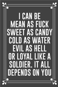 I Can Be Mean as Fuck Sweet as Candy Cold as Water Evil as Hell or Loyal Like a Soldier. It All Depends on You: Funny Blank Lined Ofiice Journals For Friend or Coworkers