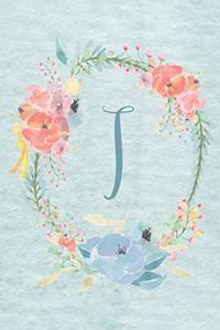 Notebook 6"x9" - Initial I - Light Blue and Pink Floral Design: College ruled notebook with initials/monogram - alphabet series.