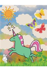 Green Unicorn White Clouds and Butterflys
