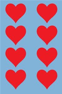 100 Page Unlined Notebook - Red Hearts on Sky Blue