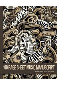100 Page Sheet Music Manuscript, Blank Sheet Music, 12 Stave.