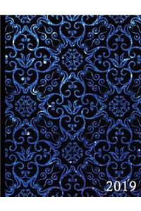 Blue Glitter Floral Graphic on Black Background