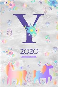 2020 Unicorn Diary Planner: January to December 2020 Diary Planner Unicorn and flowers Pattern With Letter Y Monogram