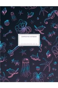 Sea Life Animals Pattern Purple: Ocean Notebook College Ruled With Octopus, Sea Horse, Sea Turtle, Squid And Jellyfish 8.5x11" LARGE 100 Lined Pages