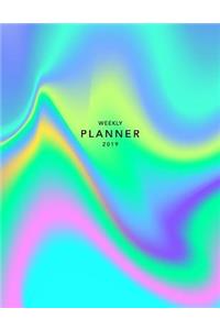 Weekly Planner 2019: Holographic Effect - 8.5 X 11 in - Weekly View 2019 Organizer with Bonus Dotted Grid Pages + Inspirational Quotes + To-Do Lists - Blue Rainbow